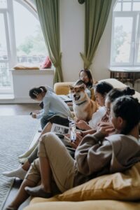 Large Family Sitting on Sofa with Shiba Inu Dog